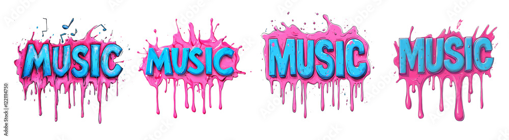 Poster the image displays four repetitions of the word music in a bold, stylized font, rendered in blue pai
