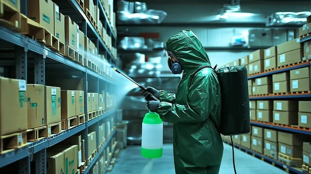A professional in a protective suit and mask methodically spraying insecticide along a warehouse shelf, surrounded by stacked boxes and industrial goods.