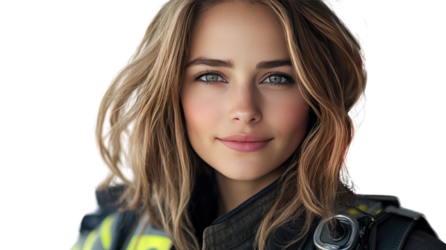 Confident Firefighter: A portrait of a strong and confident female firefighter, embodying bravery and dedication. Her eyes meet the camera with an air of determination.