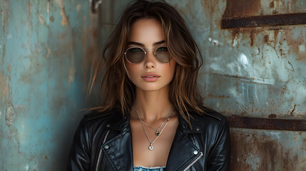 Fototapeta premium A striking photography of a model in a black leather jacket and ripped jeans, posing against an industrial backdrop for a bold and edgy look.