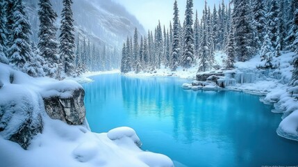 Winter Wonderland River Scene Snow Covered Trees