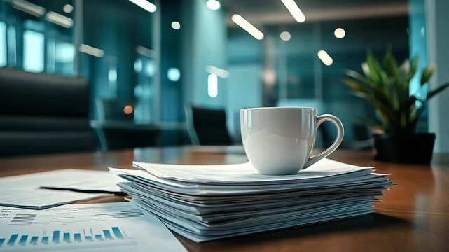 A professional office desk with a stack of paper reports and graphs, a coffee cup to the side, and a blurred office meeting area behind.