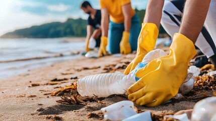 Beach cleanup event coastal area environmental initiative natural landscape close-up community action against pollution