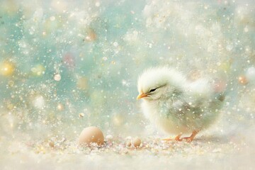 Adorable Fluffy Chick Beside Egg in Dreamy Pastel Wonderland