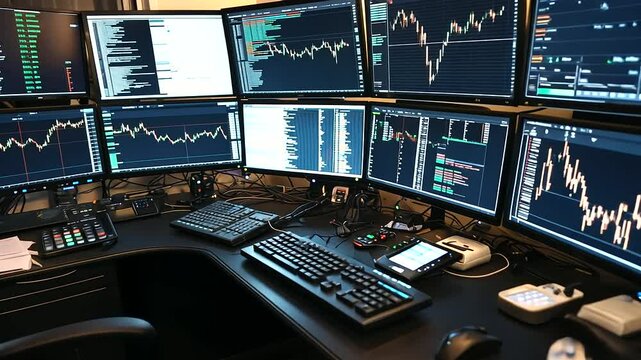 A professional trader's workstation with multiple monitors, one showing a rising candlestick chart and volume indicators, signifying market optimism.