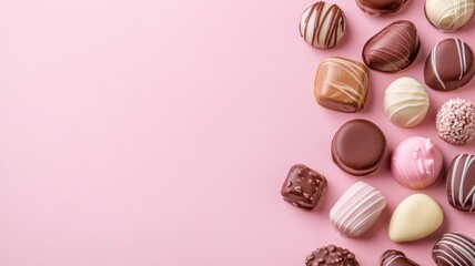 Assorted chocolate candies on pink background
