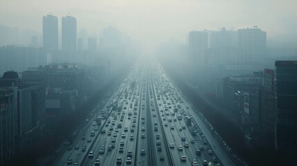 Obraz premium Massive highway system under a dense pollution layer, traffic contributing to smog, [urban congestion], [air pollution impact].