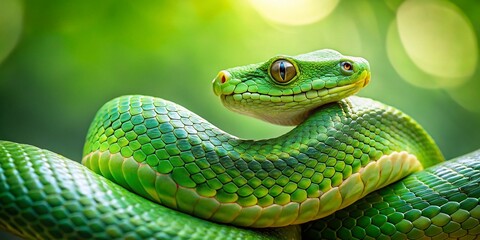 Obraz premium Vintage Photo: Emerald Green Snake Coiled on Pastel Green Background with Soft Pink Accents