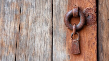 Rusty lock and padlock on old wooden door, texture detail