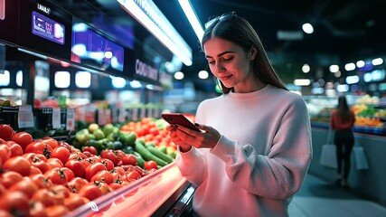 A satisfied customer holds their credit card near a glowing self-checkout scanner, with fruits and vegetables prominently displayed nearby.