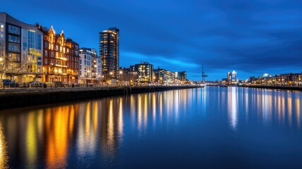 Fototapeta premium Night cityscape with modern buildings and waterfront reflections