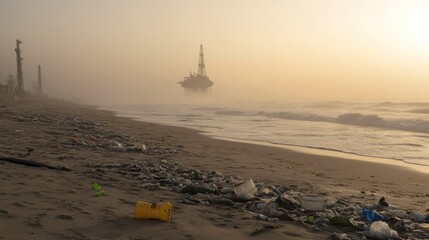 Obraz premium Oil Rig Pollution Litters Coastal Beach Sands