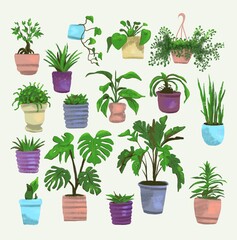 garden set of plants in pots, digital with imitation of natural materials