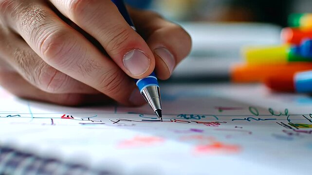 A sharp close-up of a hand diagramming concepts in a spiral notebook, with colorful markers and reference guides in the background, emphasizing creativity in exam preparation.