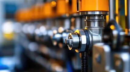 Naklejka premium Close-up of industrial machinery with yellow components and metal parts