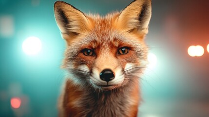 Fototapeta premium This vibrant close-up image of a fox exhibits modern lighting effects, highlighting its expressive eyes and captivating charm in an innovative artistic style.