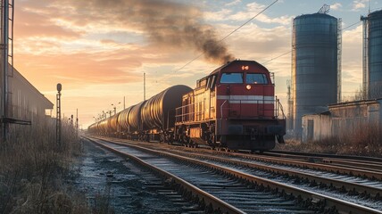 Fototapeta premium Freight train travels through industrial area at sunrise