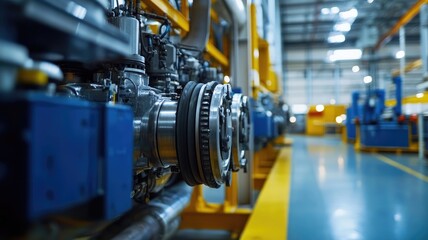 Fototapeta premium Industrial machinery in modern factory setting, focused on mechanical components