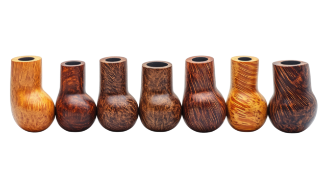 Collection of tobacco pipes: A curated collection of elegantly crafted tobacco pipes, each showcasing unique wood grains and textures, exuding a timeless appeal for aficionados and collectors.