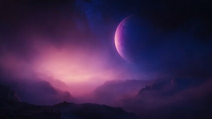 Fototapeta premium A majestic planet floats in the vast space, surrounded by bright stars. Spacescape wallpaper in the cinematic universe.
