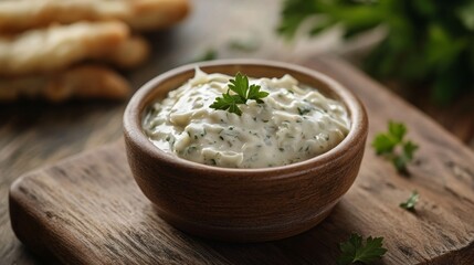 Creamy Herb Dip in Wooden Bowl - A Flavorful Appetizer