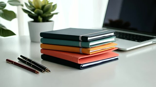 A stack of colorful notebooks on a white desk, surrounded by pens, a laptop, and a small plant, creating a cozy study vibe.