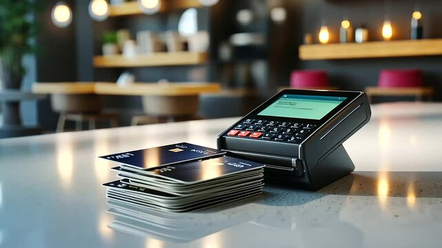 A stack of credit cards in metallic finishes rests beside a glowing POS terminal on a spotless white countertop, ready for contactless payment.