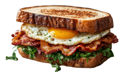 Delectable Breakfast Sandwich: A mouthwatering close-up of a breakfast sandwich featuring crispy bacon, a perfectly fried egg with a runny yolk, and fresh greens.