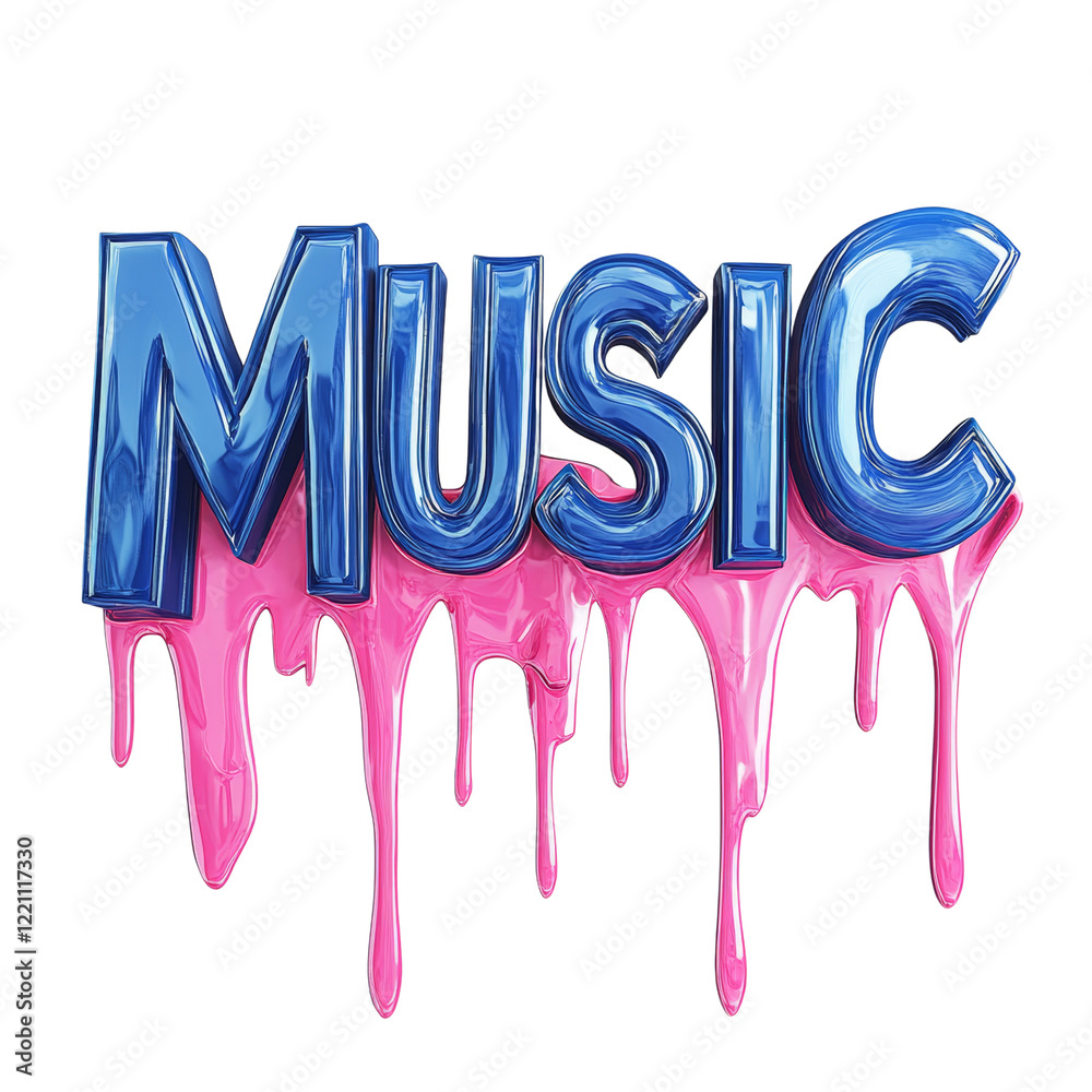 Poster A three dimensional rendering of the word music in blue with pink paint dripping below.