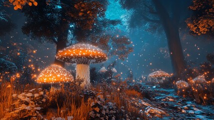 Enchanted forest with glowing mushrooms and ethereal ambiance.