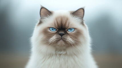 Fluffy white cat with striking blue eyes and distinctive face, exuding regal presence. soft fur and unique markings create enchanting look