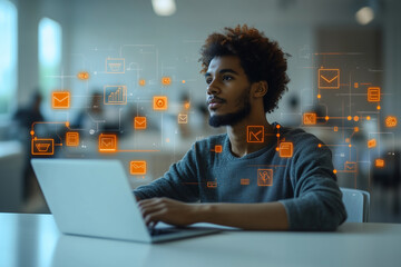 focused man working on laptop with digital marketing icons floating around him, symbolizing innovation and technology in modern workspace