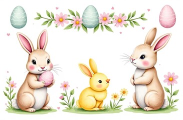Fototapeta premium set of pictures of stickers for printing. Hand drawn Easter holiday collection with cute bunnies, pastel colored eggs, yellow chicks, seamless border and bouquets of primroses with daisies. Ideal for 