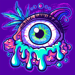 Acid trippy sticker of an eyeball with clouds and liquid slime. Psychedelic human eye with lashes with radioactive ooze.