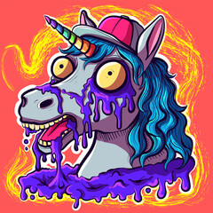 Trippy acid unicorn head with a horn wearing a hat. Psychedelic horse with insane eyes and liquid slime on it.