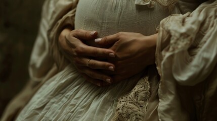 Pregnant caucasian woman in vintage dress holding belly