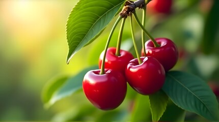 Ripe Red Cherries on Branch Fresh Fruit Summer Harvest