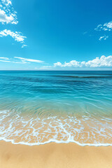 Sandy beach with gentle waves under a bright blue sky and scattered clouds. Concept of tranquility, nature, and summer relaxation.