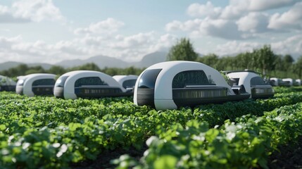 Obraz premium Futuristic Autonomous Farming Pods in a Lush Green Agricultural Field
