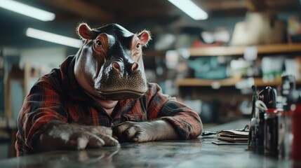A human-like hippo character sits contemplatively in a rustic setting, wearing a cozy flannel, blending playful charm with a sense of introspection and human-like emotion.