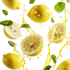 Fresh lemon and slice isolated on white and transparent background. PNG cutout.