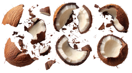 Coconut Fragmentation: A dynamic view of a cracked coconut, revealing its fresh, milky interior and fragments.