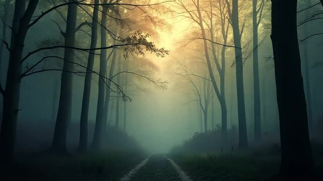 Misty Forest Path Sunlit Trees Autumnal Scene