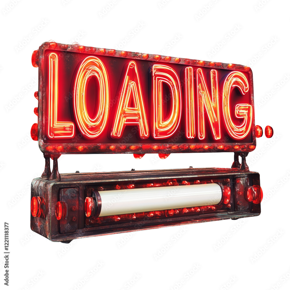 Poster A weathered red neon loading sign with a progress bar below indicates a process is in progress.
