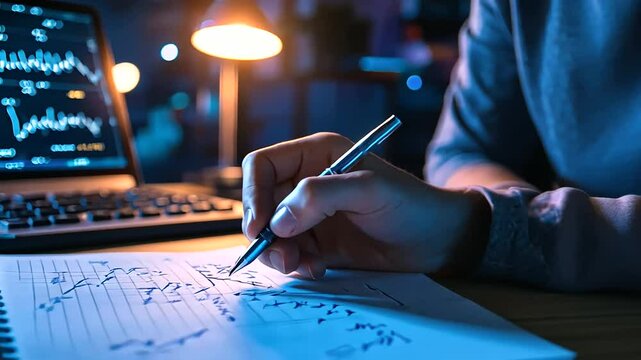 A vibrant scene of a hand under a desk lamp, writing equations in a spiral notebook, with graph paper and a calculator in the background, highlighting the intensity of exam prepara