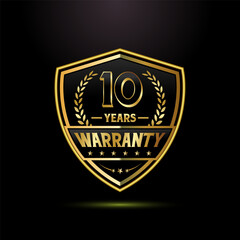 Luxury 10 years warranty with golden shield shape. for label, seal, stamp, icon, logo, badge