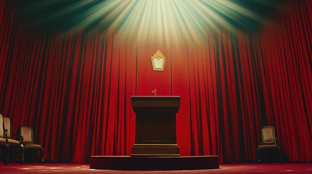 Red Curtains Stage Podium Spotlight Presentation