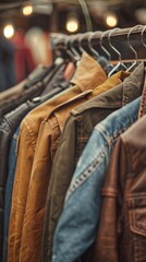 Naklejka premium Rack of various leather and denim jackets in different colors
