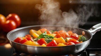A vibrant array of colorful vegetables including broccoli, red and yellow peppers cooking in a pan, showcasing the art of healthy meal preparation and freshness.