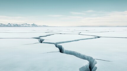 The impact of climate change on weather and sea levels. Cracked ice landscape under a serene sky.